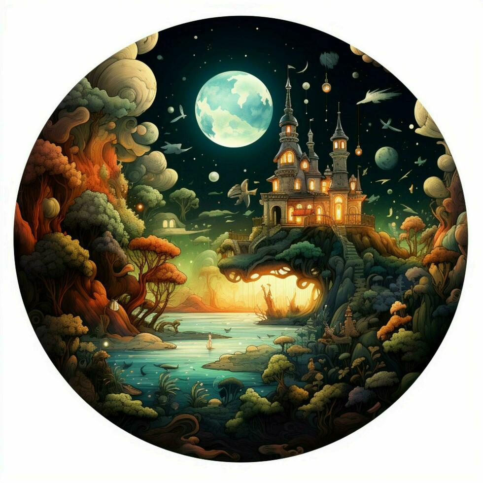 Imagine a sticker with a whimsical fantasy-inspired scene photo