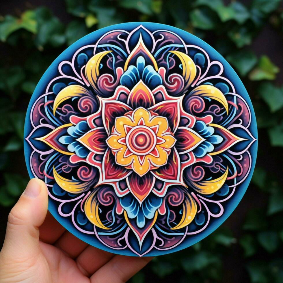 Imagine a sticker with an intricate mandala-like pattern photo