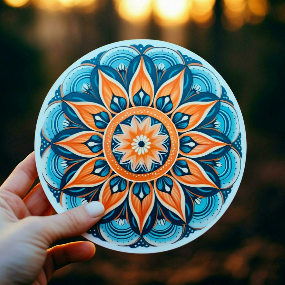 Imagine a sticker with an intricate mandala-like pattern photo