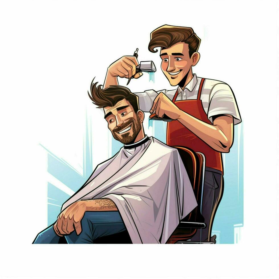 hombre consiguiendo Corte de pelo 2d dibujos animados ilustracion en blanco antecedentes foto