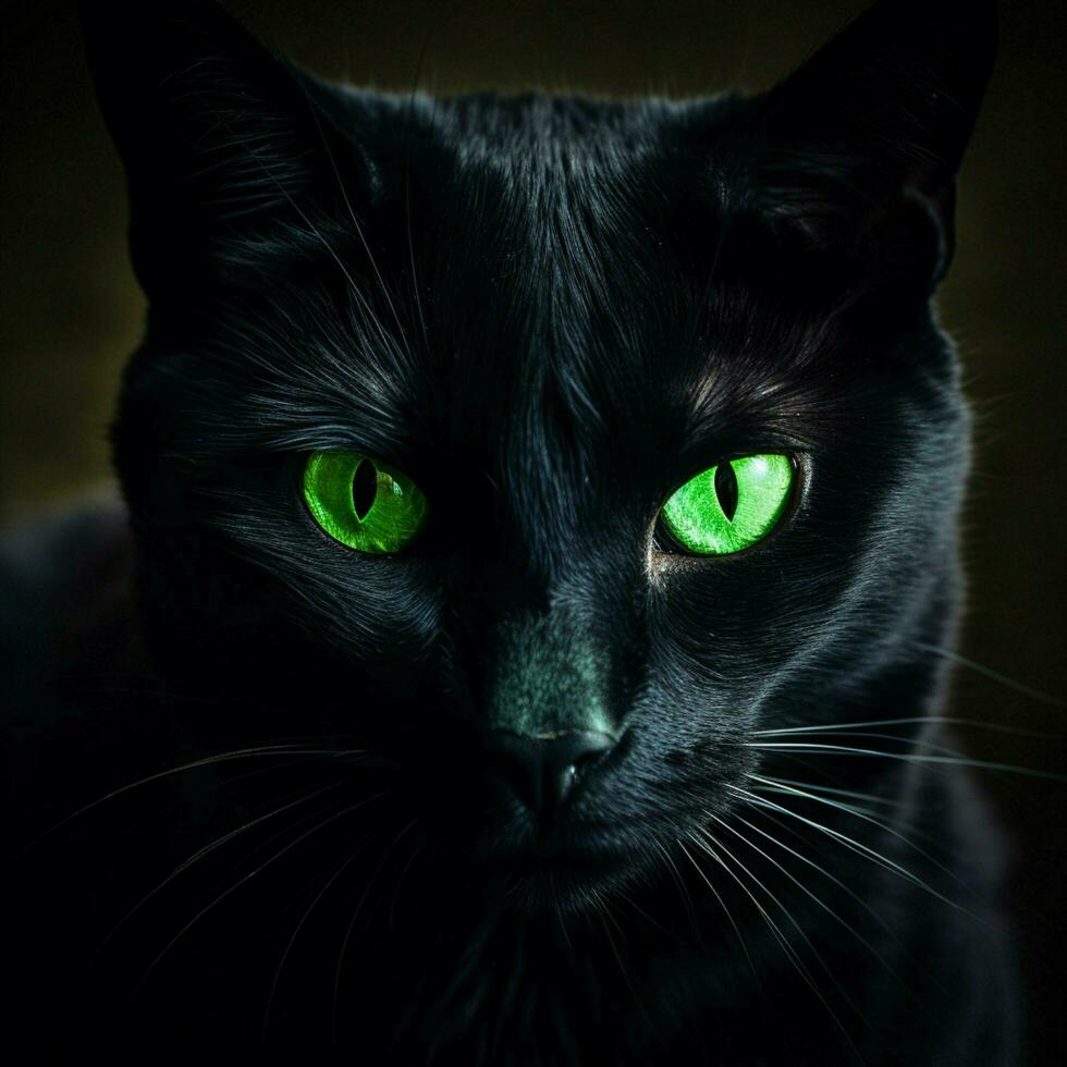 Mysterious black cat with piercing green eyes photo