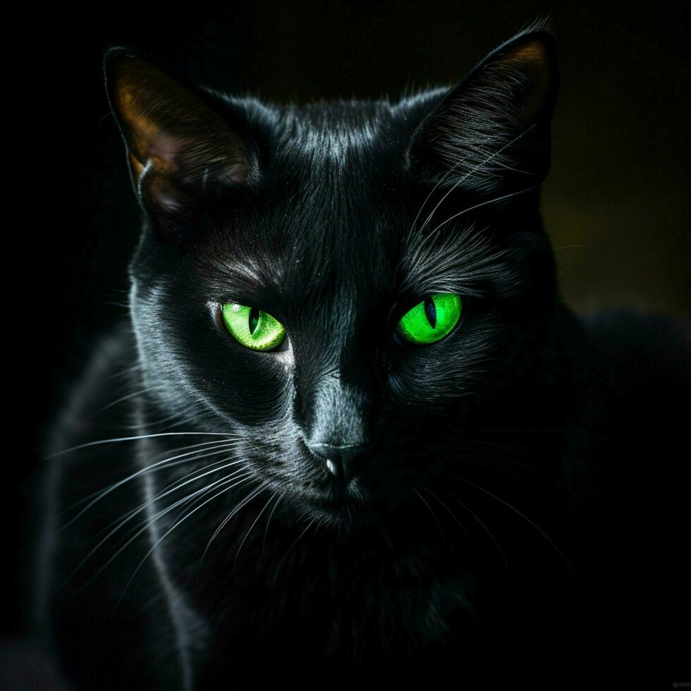 misterioso negro gato con perforación verde ojos foto