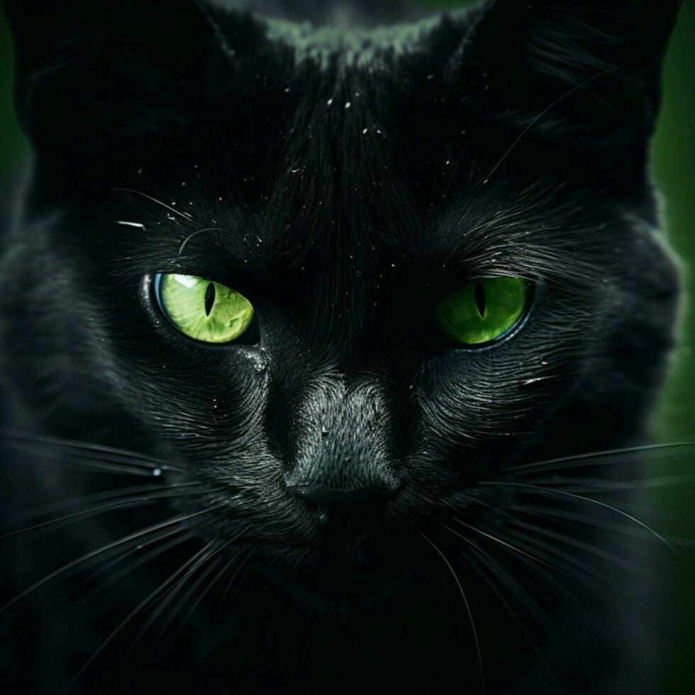 misterioso negro gato con perforación verde ojos foto