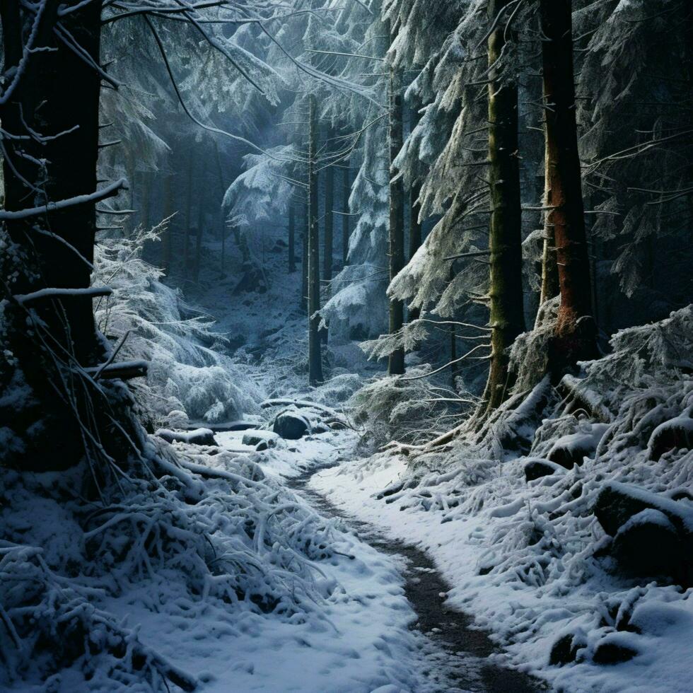 pacífico silencio en un cubierto de nieve alpino bosque foto