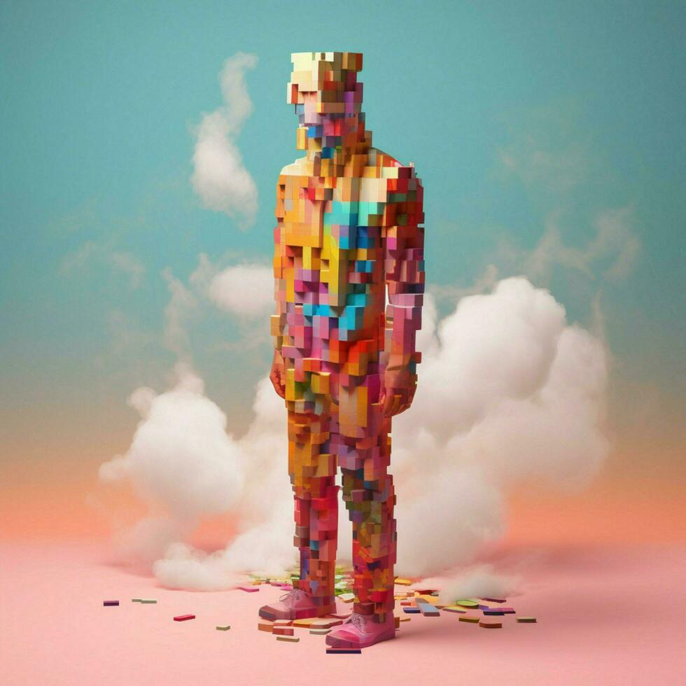 Pixelated figures undergoing surreal transformations photo