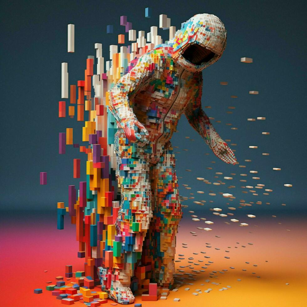 Pixelated figures undergoing surreal transformations photo