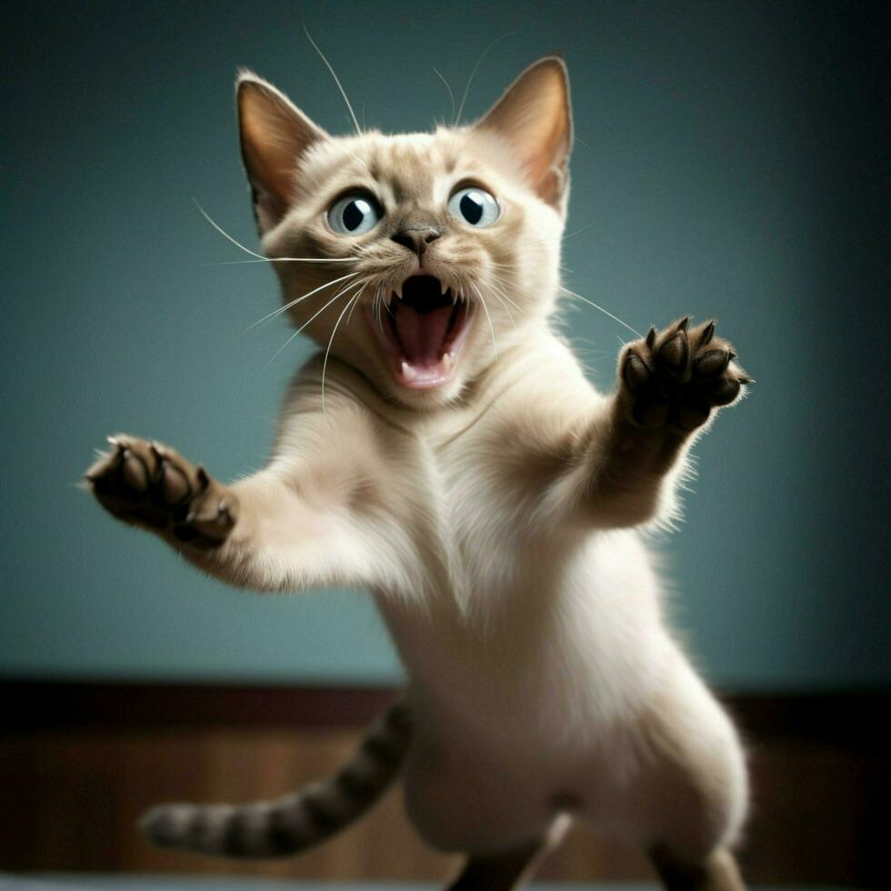 juguetón tonquinés gato persiguiendo sus propio cola en emoción foto