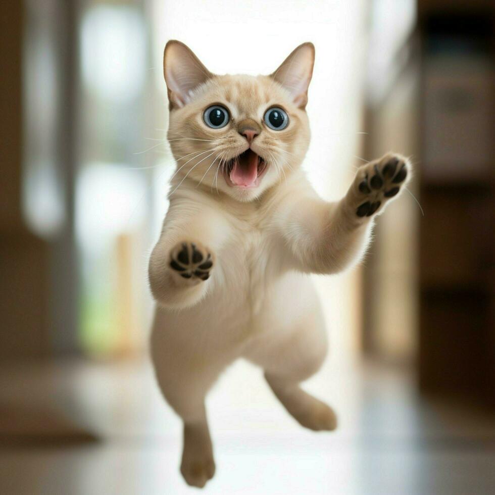 juguetón tonquinés gato persiguiendo sus propio cola en emoción foto