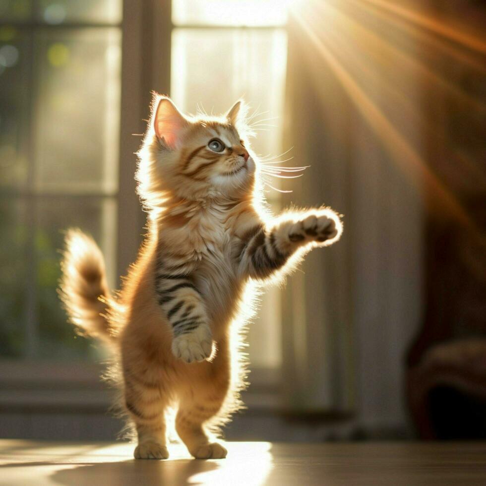 Playful kitten chasing its tail in a sunlit room photo