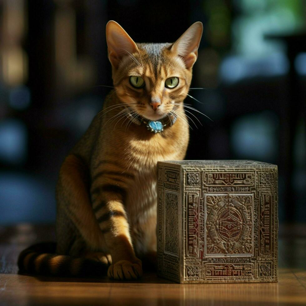 Quizzical Abyssinian cat studying a puzzle box photo