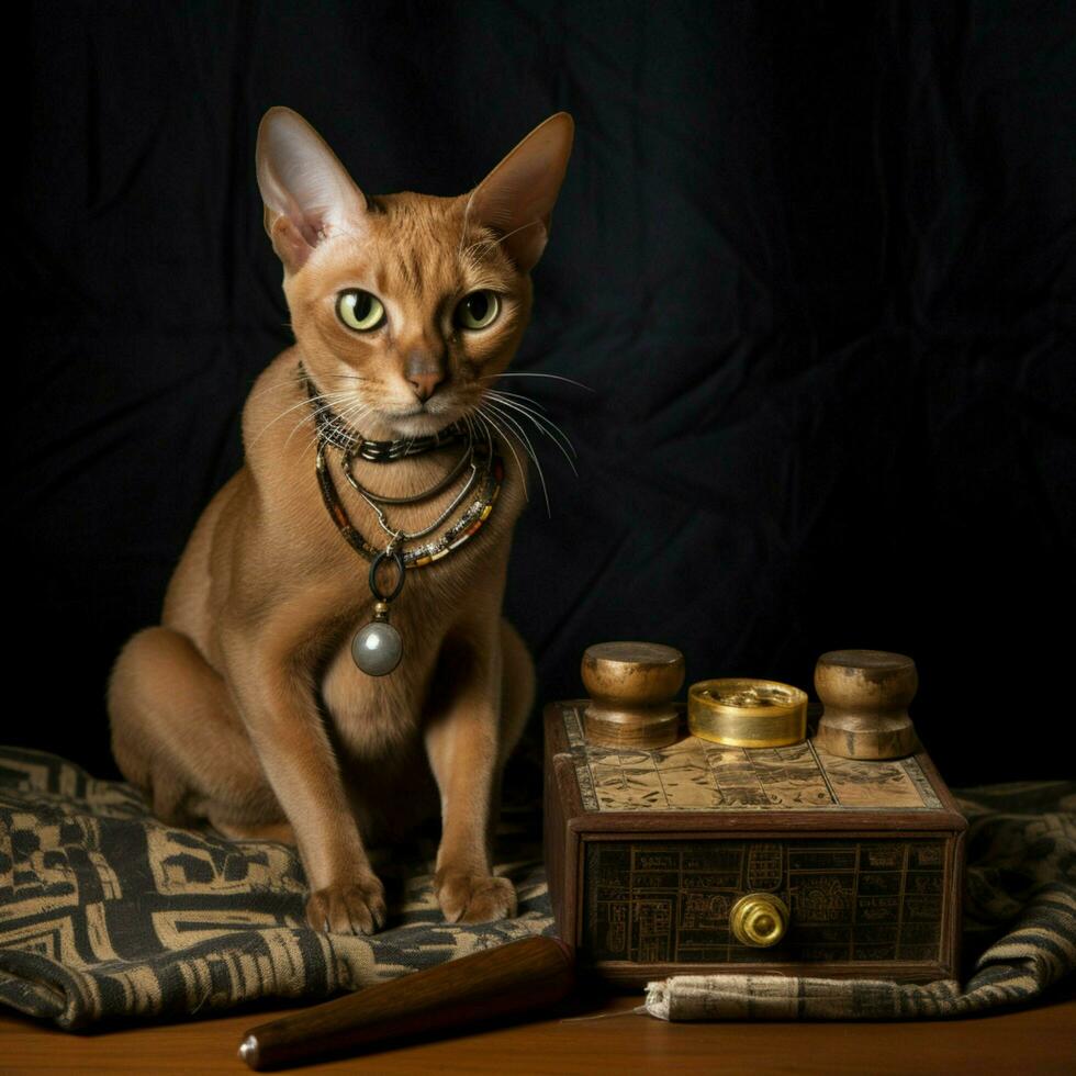 Quizzical Abyssinian cat studying a puzzle box photo