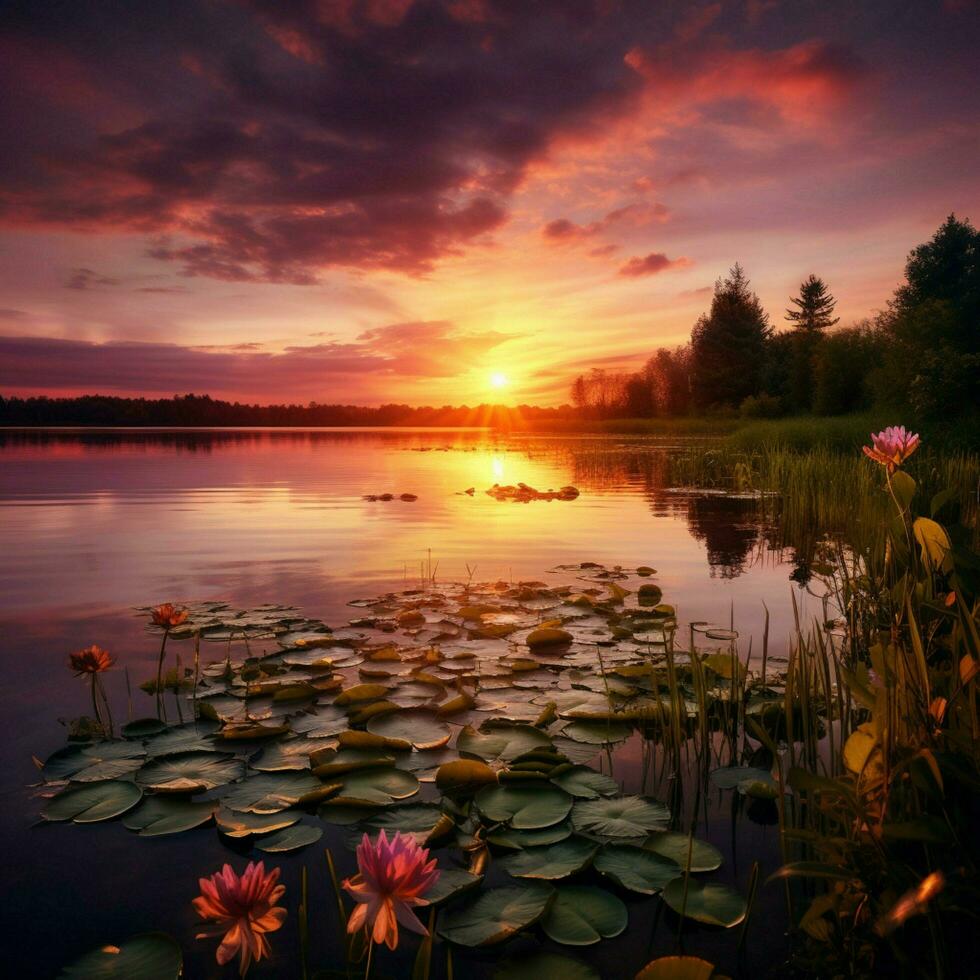 Serene sunset over a tranquil lake photo