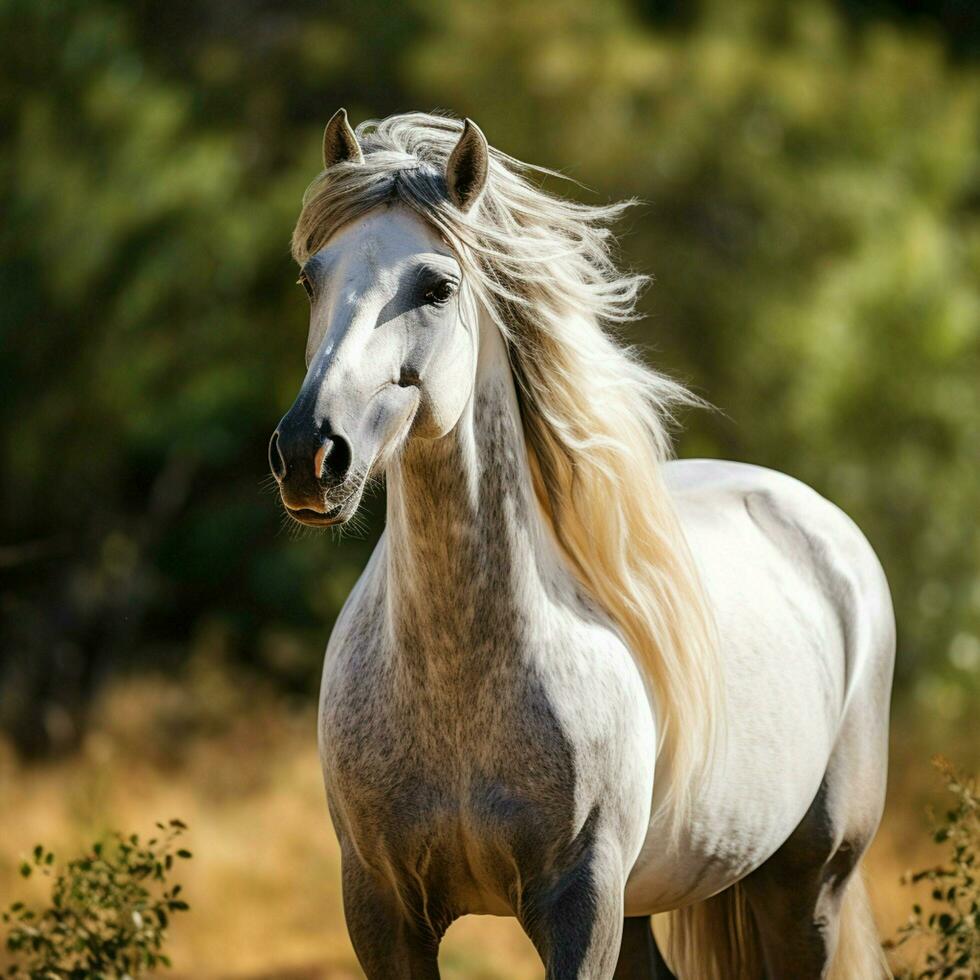 majestuoso equino raza con un fluido melena foto