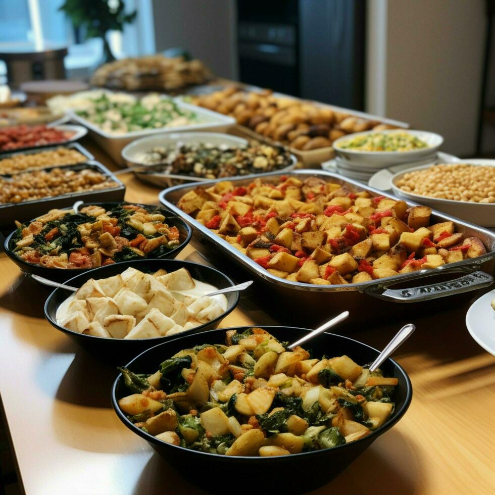 A community potluck with a variety of dishes photo