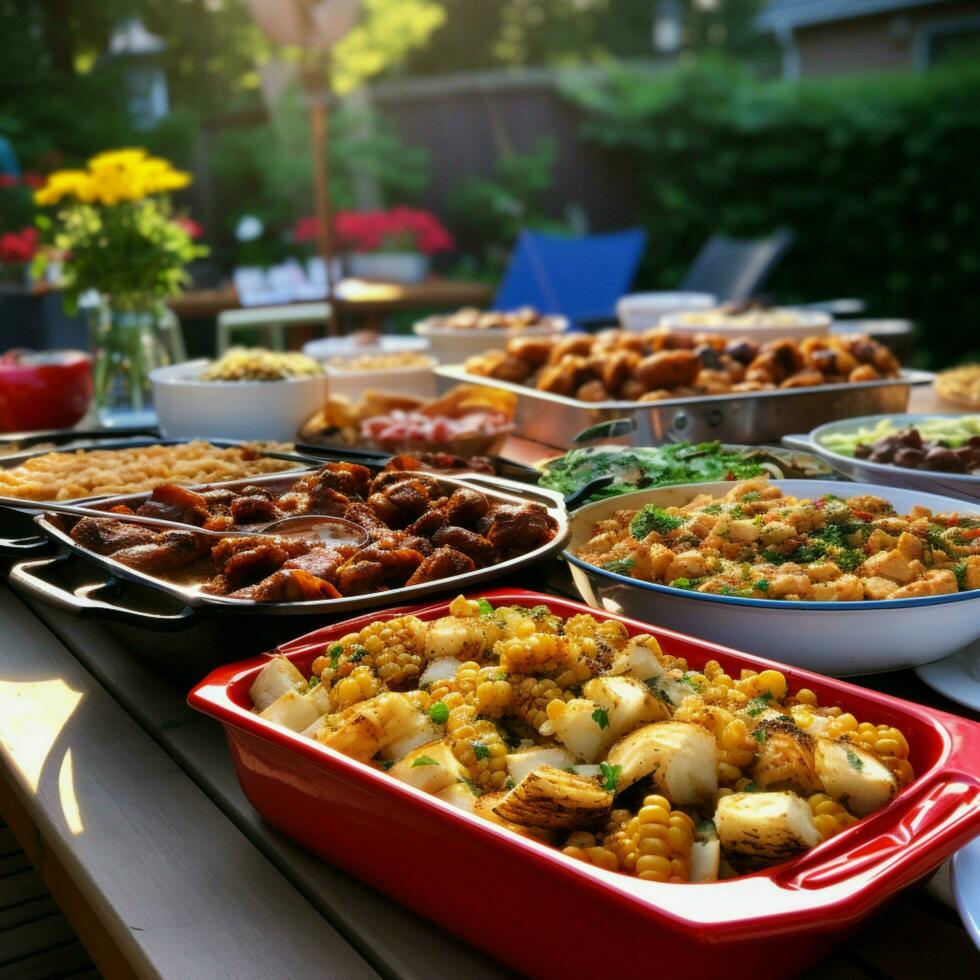 A community potluck with a variety of dishes photo