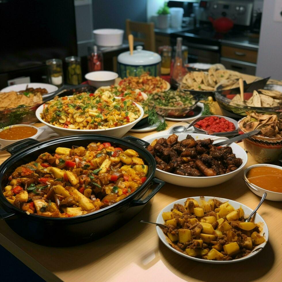A community potluck with a variety of dishes photo