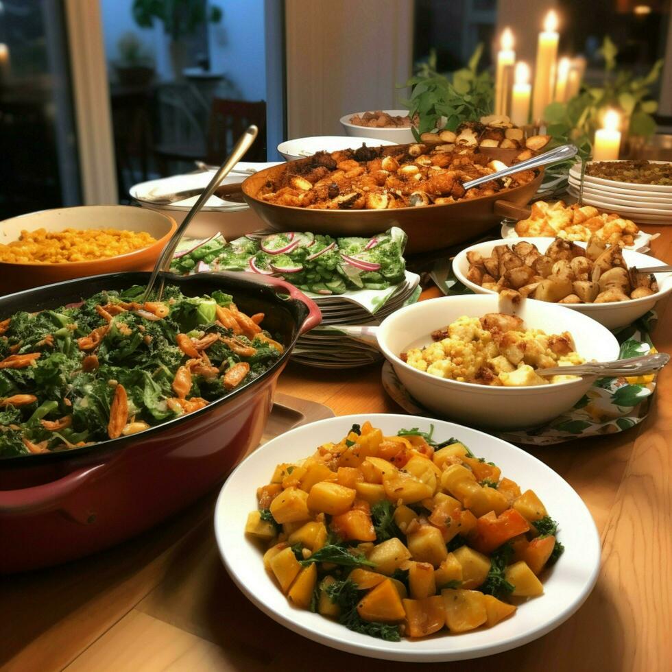 A community potluck with a variety of dishes photo