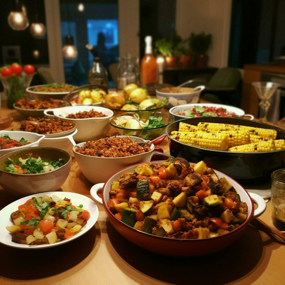 A community potluck with a variety of dishes photo