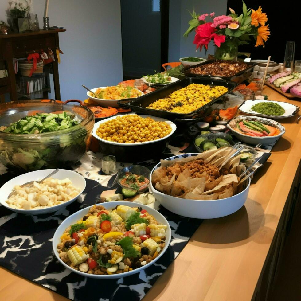 A community potluck with a variety of dishes photo