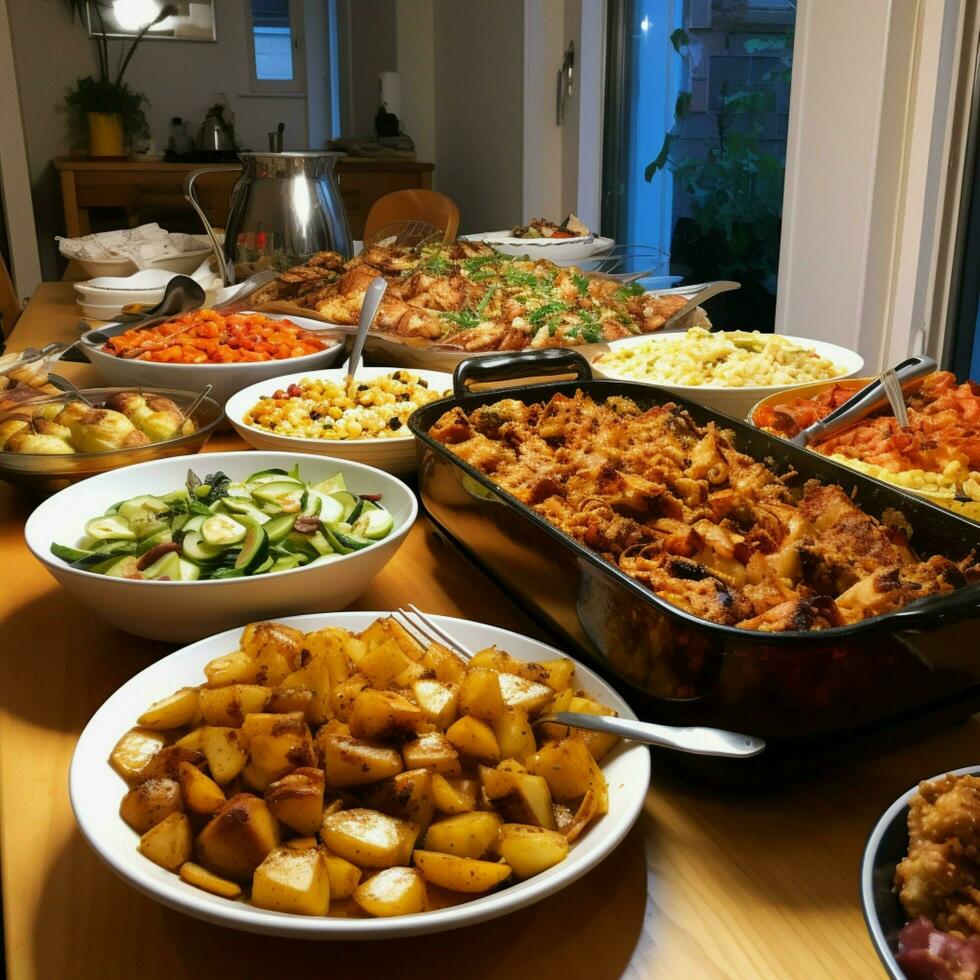 A community potluck with a variety of dishes photo