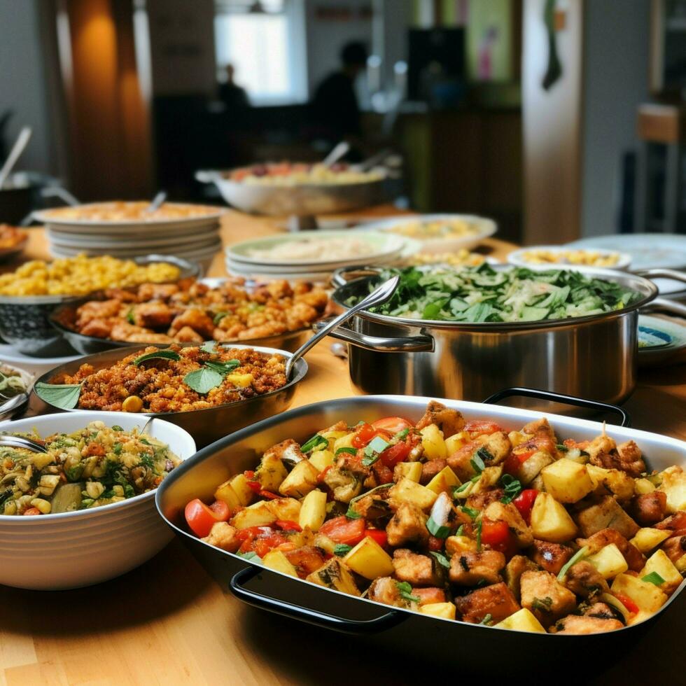 A community potluck with a variety of dishes photo