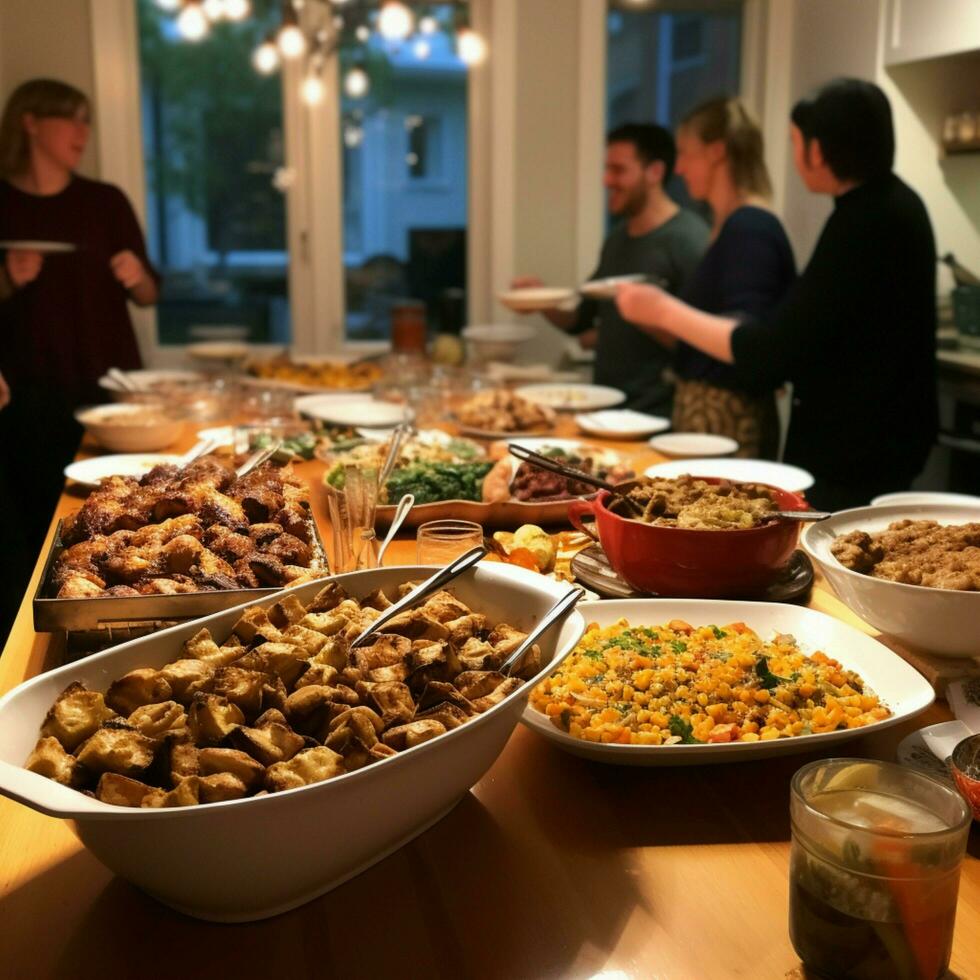 A community potluck with a variety of dishes photo