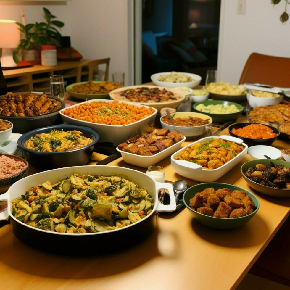 A community potluck with a variety of dishes photo