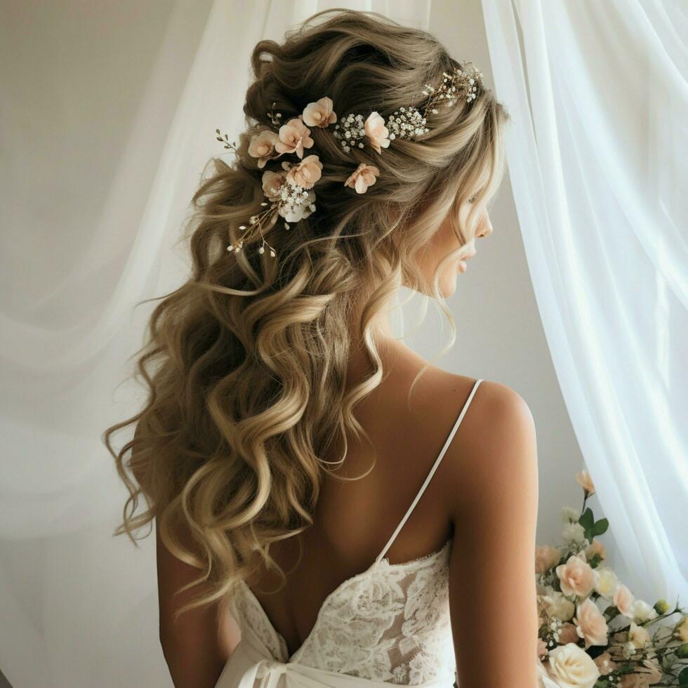 Curly half-up ponytail with a floral accessory photo