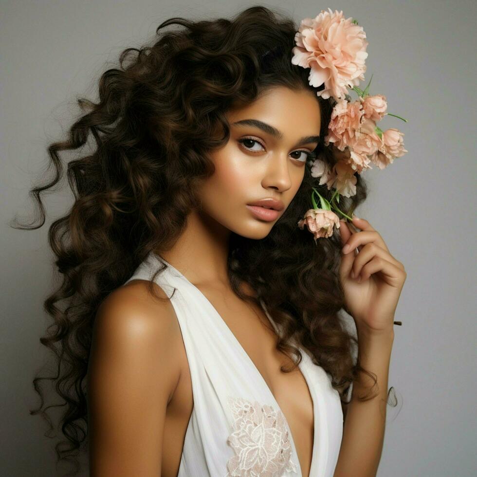 Curly half-up ponytail with a floral accessory photo