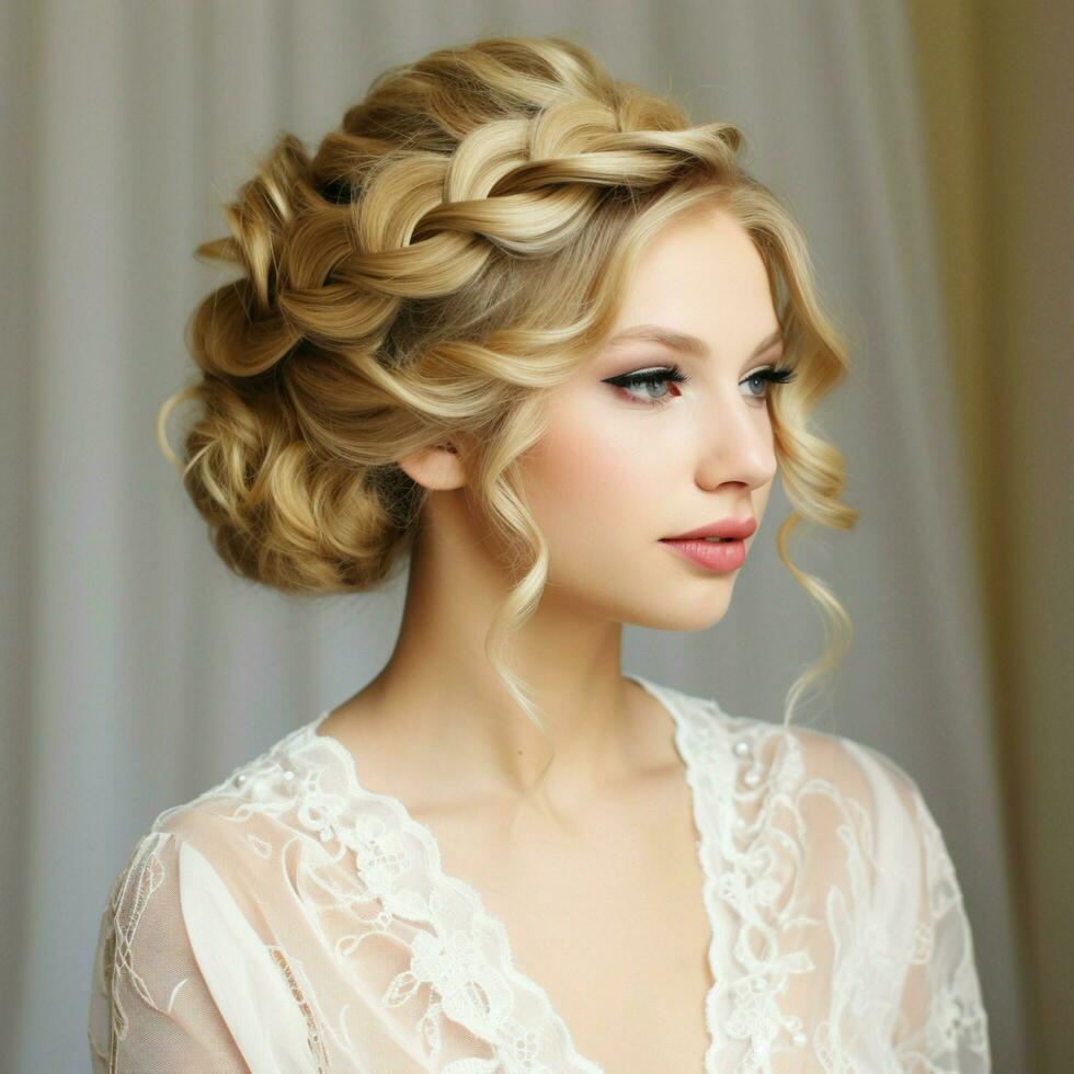 Curly updo with a diagonal braid across the crown photo