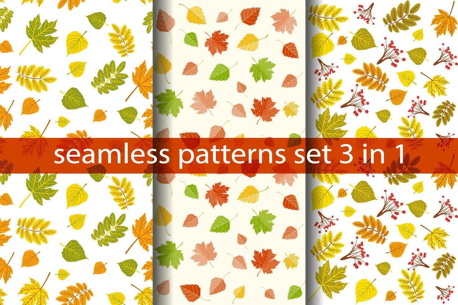 Multicolored autumn leaves seamless patterns, set of autumn maple and birch leaves, and rowanberry on white background vector