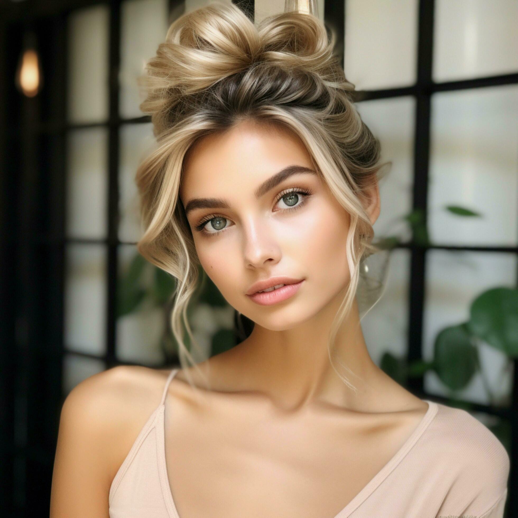 Messy bun with faceframing loose strands 30701534 Stock Photo at Vecteezy