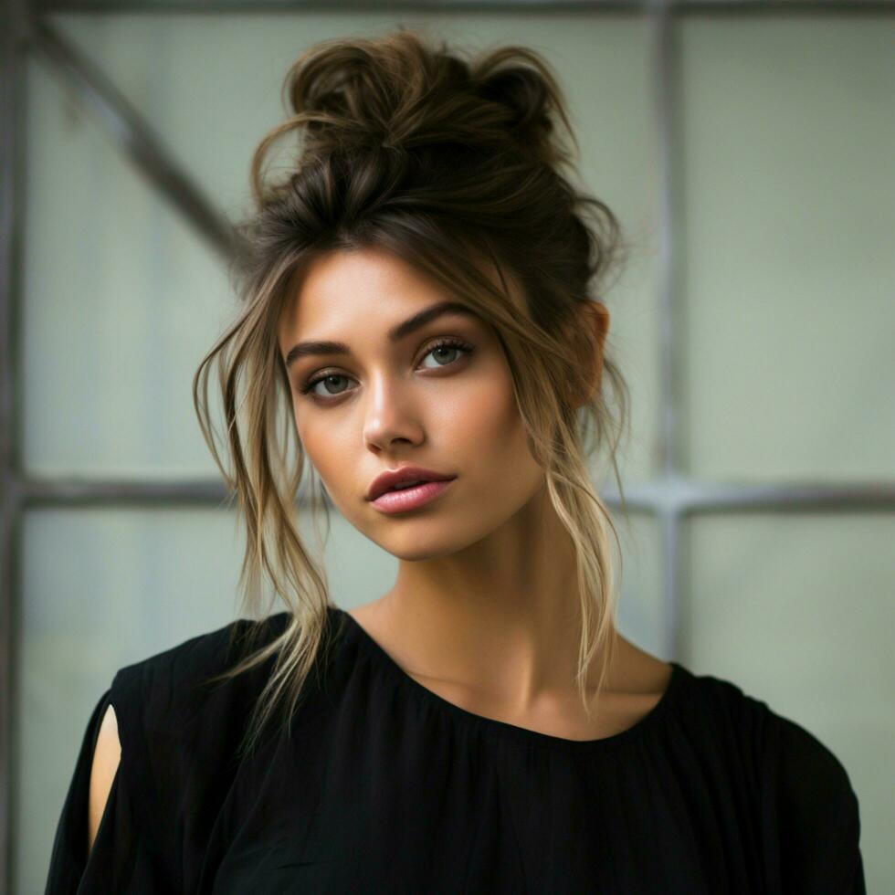 Messy bun with face-framing loose strands photo