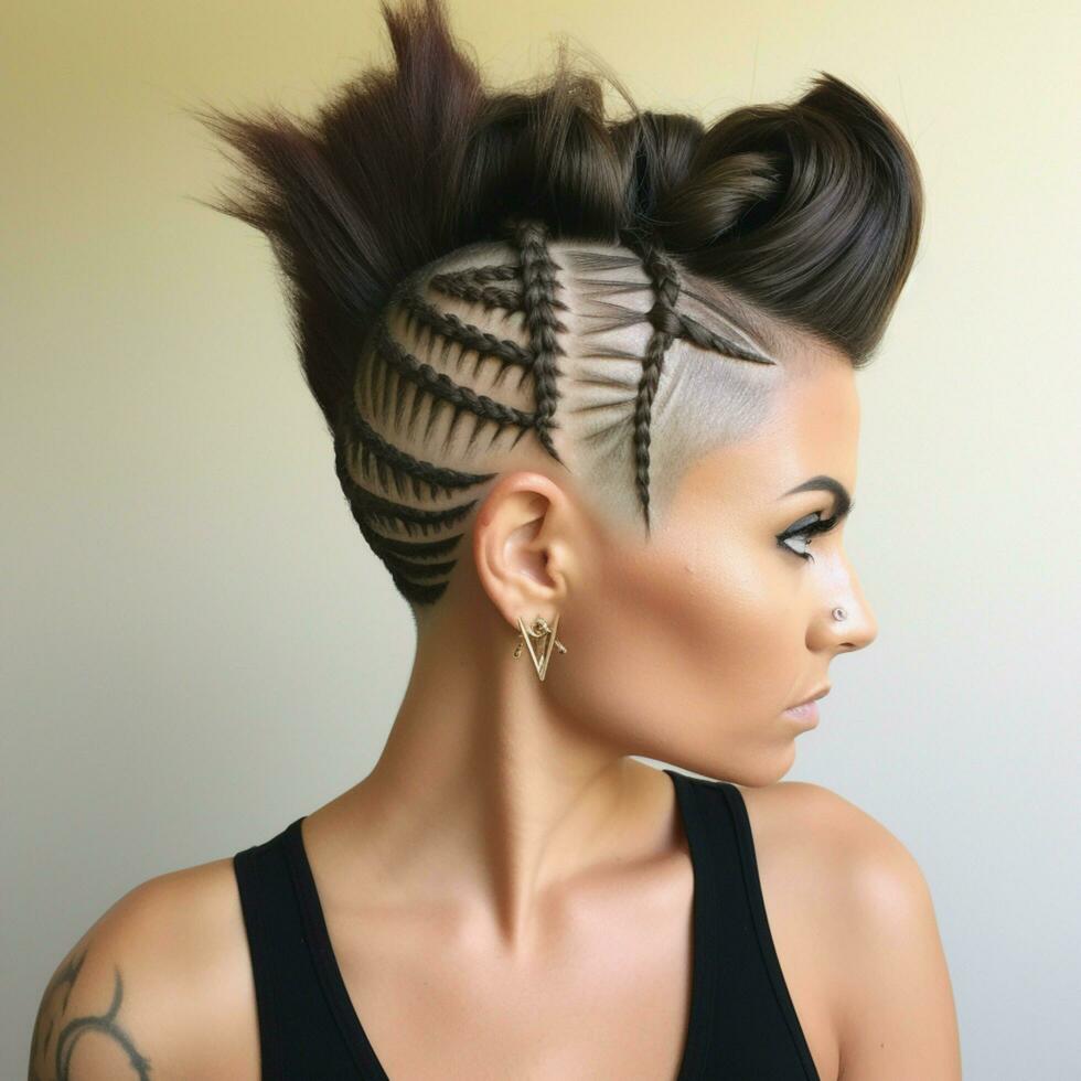 Mohawk-inspired updo with braided shaved sides photo