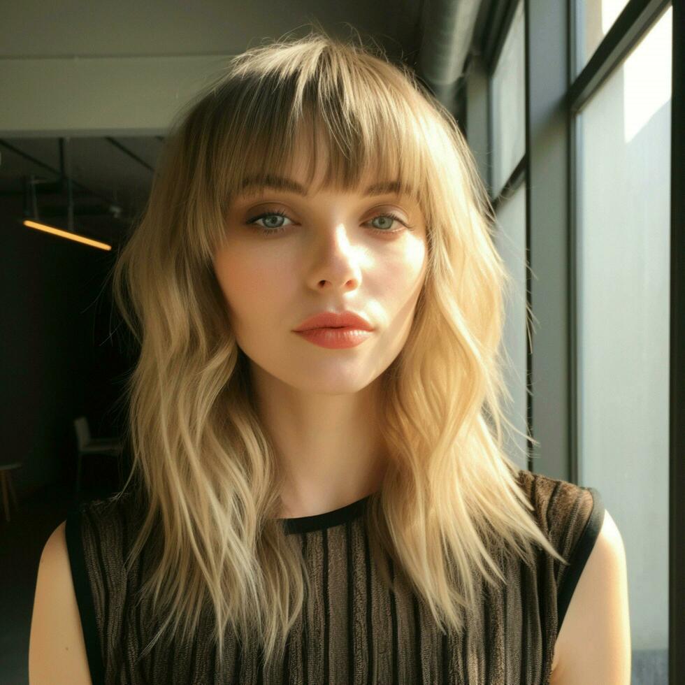 Shoulder-length layered haircut with face-framing bangs photo