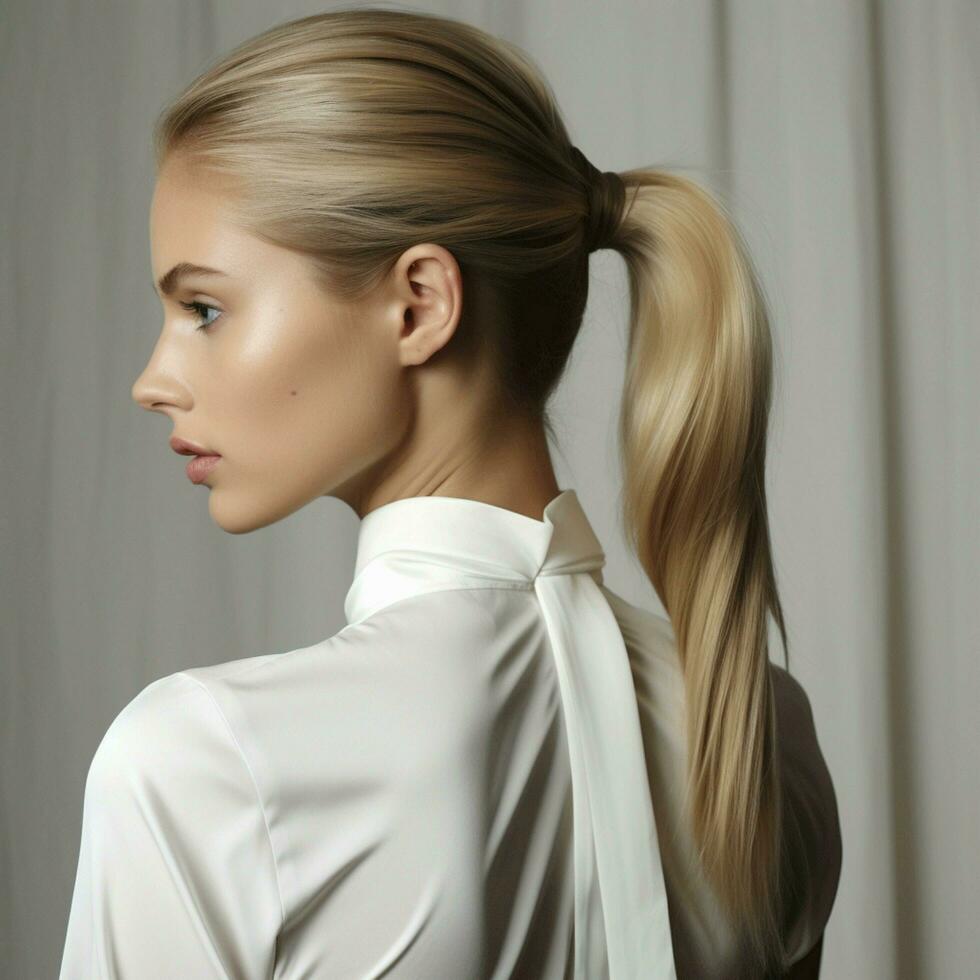 Sleek low ponytail with a wrapped section photo