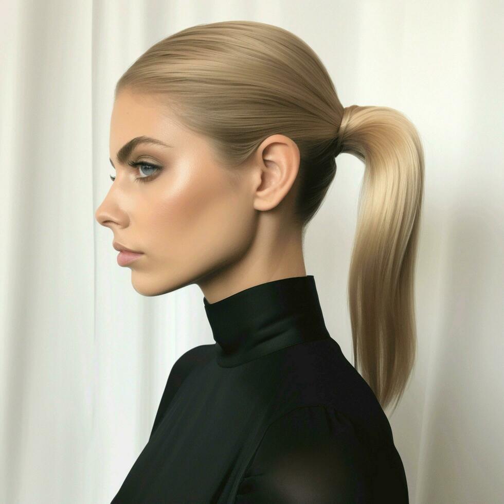 Sleek low ponytail with a wrapped section photo