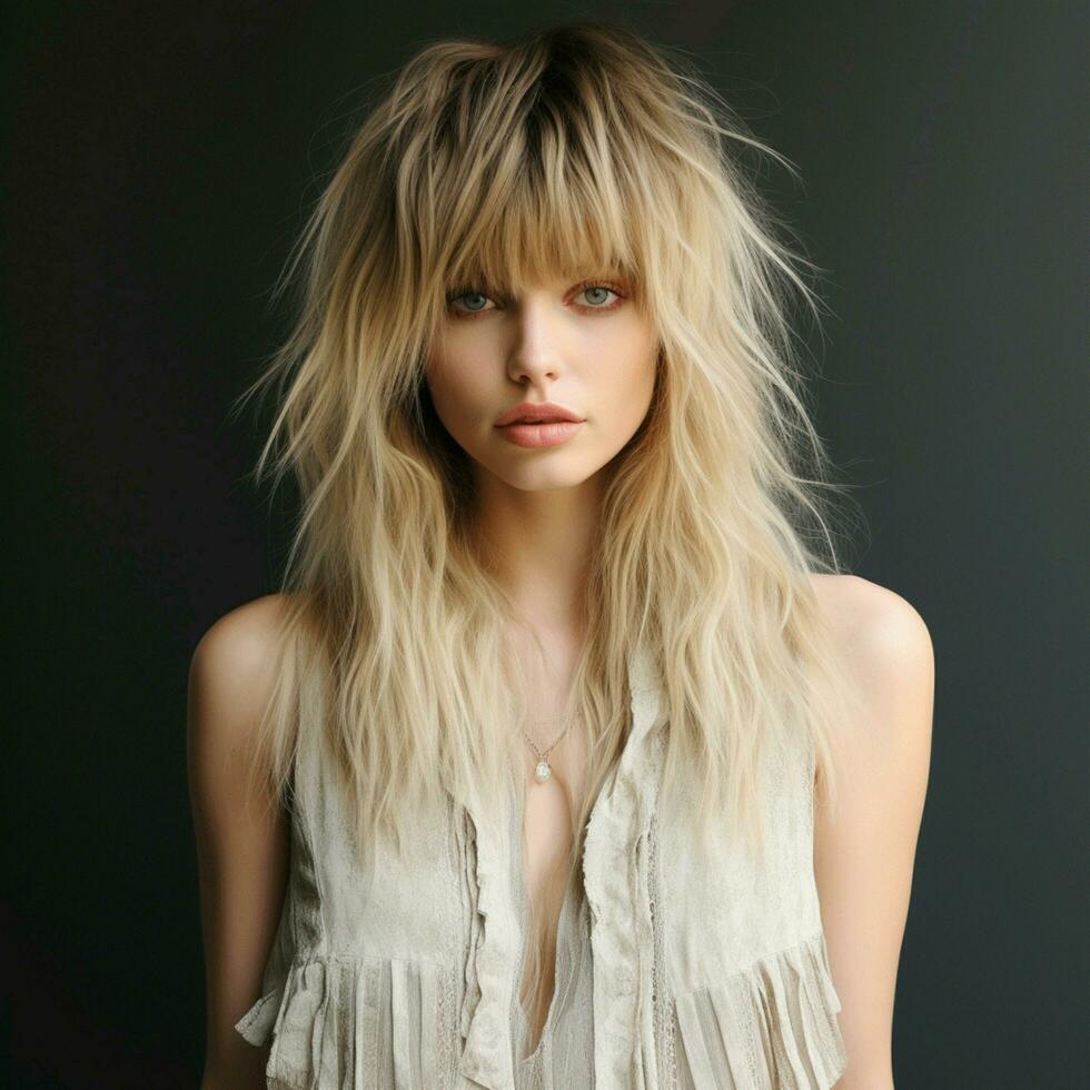 Textured and tousled long layers with a fringe photo