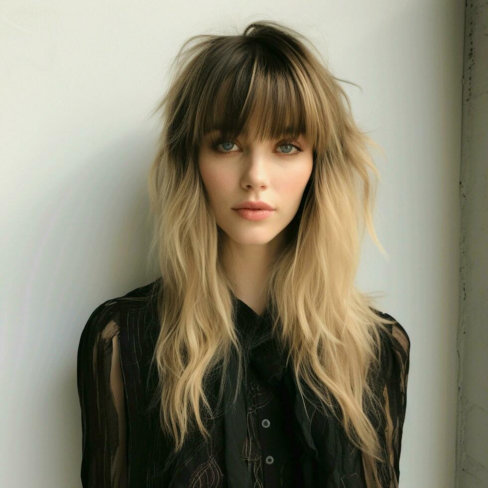 Textured and tousled long layers with a fringe photo