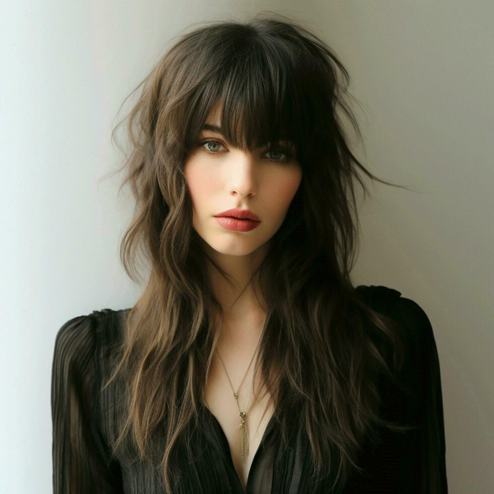 Textured and tousled long layers with a fringe photo