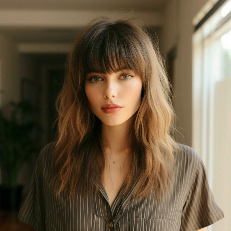 Wispy bangs with long layers and subtle highlights photo