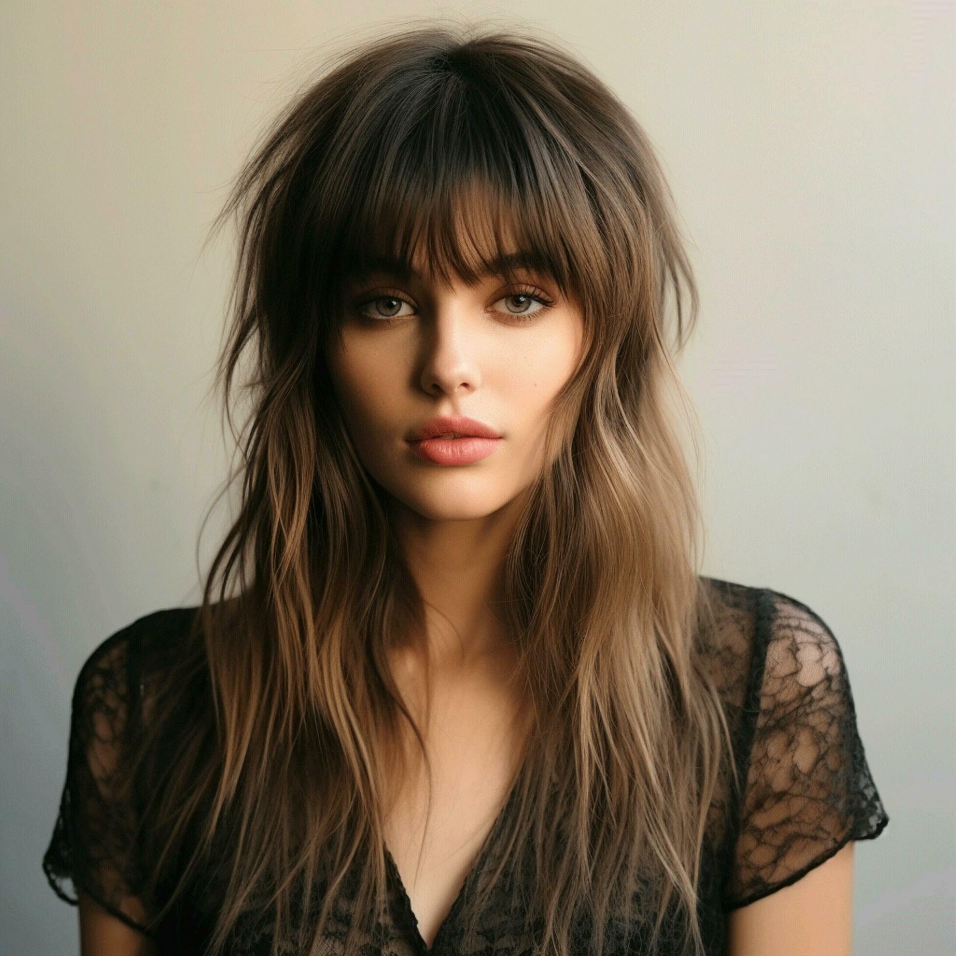 Wispy bangs with long layers and subtle highlights 30703173 Stock Photo at Vecteezy