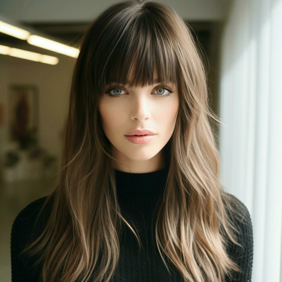 Wispy bangs with long layers and subtle highlights photo