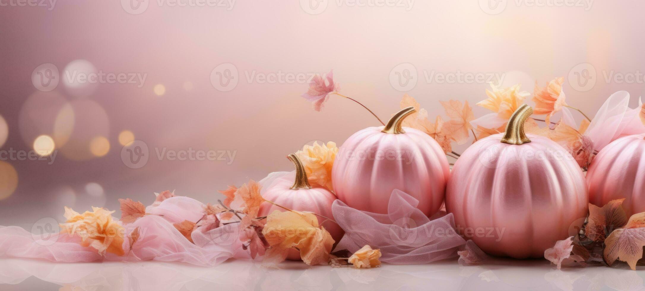 Víspera de Todos los Santos rosado brillar calabaza flores, ai generativo foto