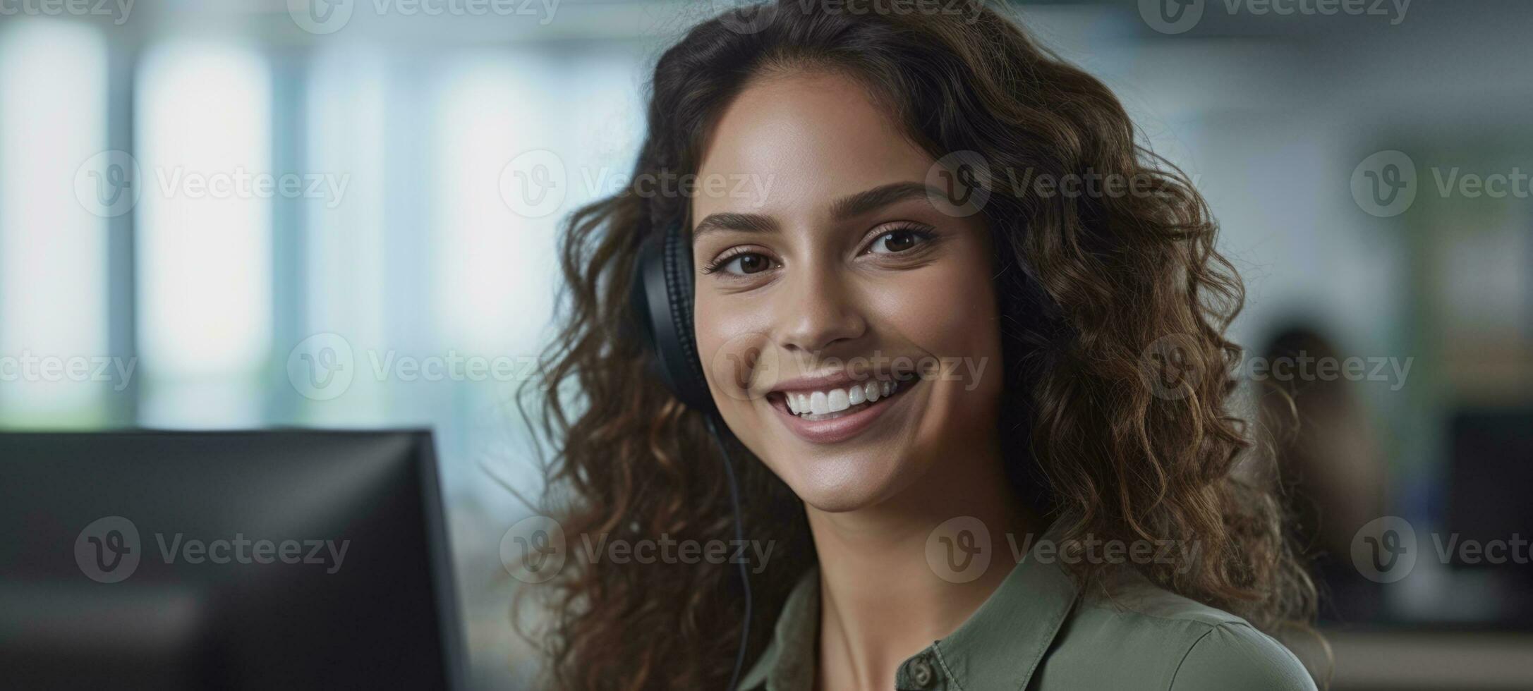 latina mujer llamada centrar cliente apoyo con auriculares, ai foto