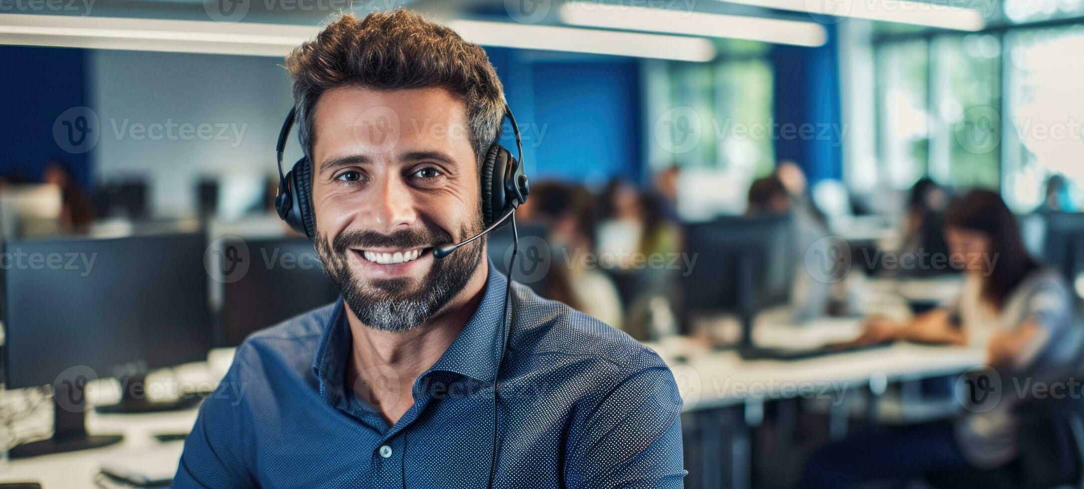 caucasian man call center customer support with headset, ai photo