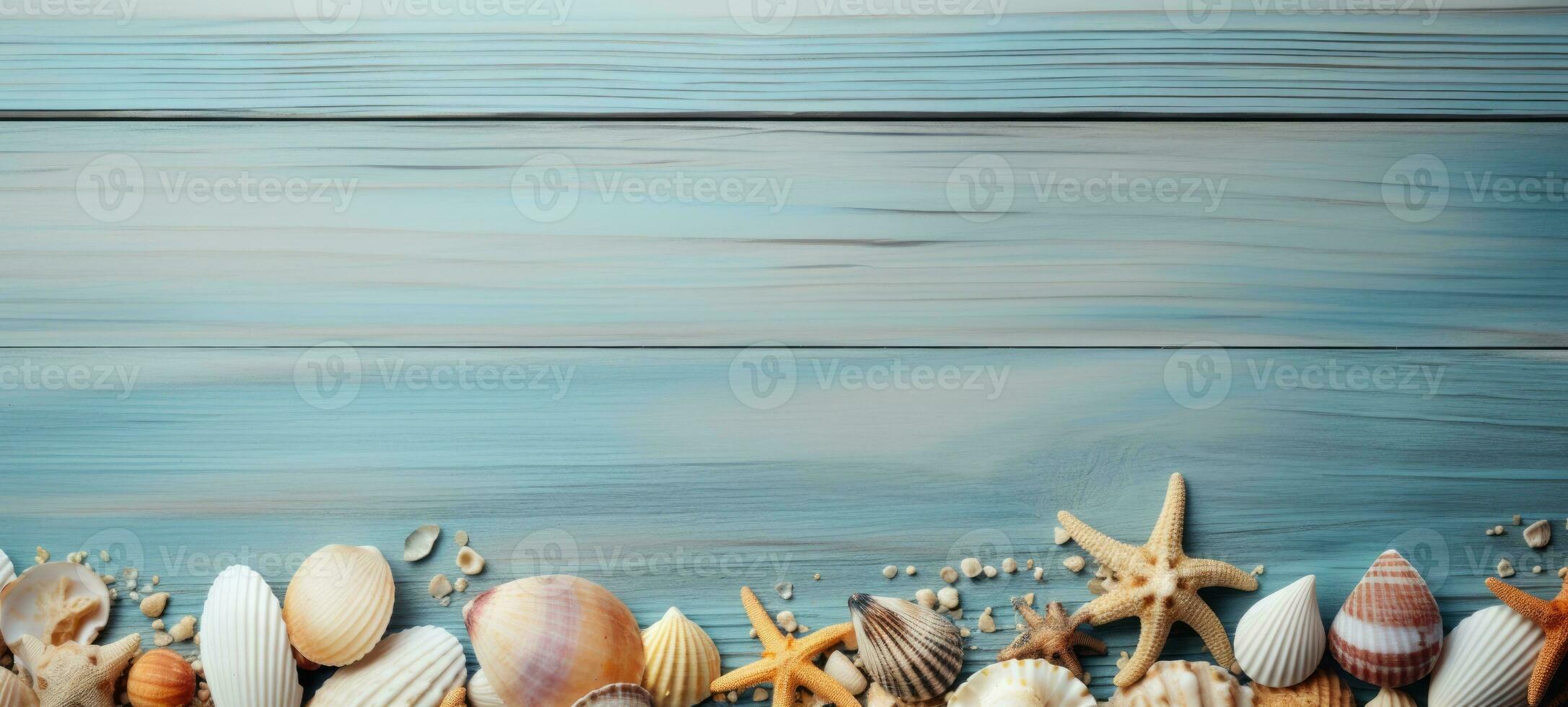 seashells on wood and sand summer, ai photo