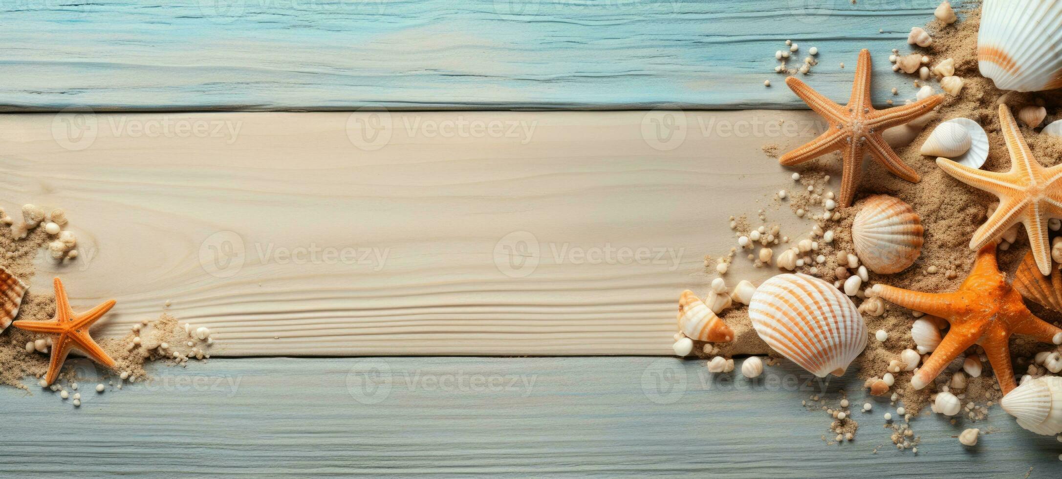 seashells on wood and sand summer, ai photo