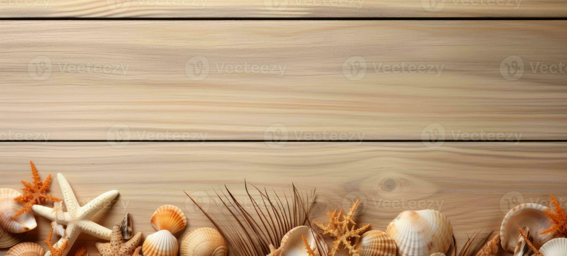 seashells on wood and sand summer, ai photo