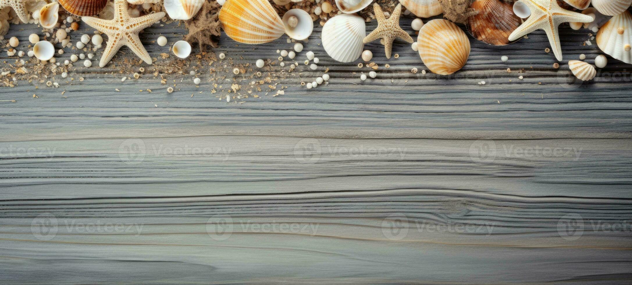 seashells on wood and sand summer, ai photo